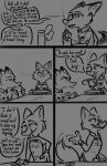  2022 anthro canid canine chair comic dialogue disney duo eating eating_food fan_character female food fox furniture hi_res mammal michelle_densmore monochrome mrs._wilde red_fox sandwich_(food) smile smirk snapping_fingers speech_bubble table tail tail_motion tangerine_(artist) zootopia 