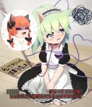  2girls :3 alternate_costume animal_ears apron black_bow black_dress black_hairband blush bow bright_pupils cat_ears chain chitose_hachi closed_eyes commentary_request dress enmaided extra_ears eyeball fang flying_sweatdrops frilled_apron frilled_dress frilled_hairband frills full_body green_eyes green_hair hair_bow hairband heart heart_of_string highres kaenbyou_rin komeiji_koishi leash long_hair looking_to_the_side maid medium_bangs multiple_girls open_mouth pointy_ears puffy_short_sleeves puffy_sleeves seiza shaded_face short_hair short_sleeves sign sitting smile squiggle subtitled third_eye touhou translation_request viewer_holding_leash white_apron white_pupils wooden_floor 