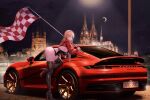  absurdres ass azur_lane bismarck_(azur_lane) blonde_hair boots breasts checkered_flag cityscape cologne_cathedral crescent_moon flag highres jacket kcar66t large_breasts long_hair moon night night_sky porsche_911 race_queen red_jacket sideboob sky swimsuit thigh_boots 