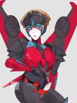  1boy 1girl autobot blue_eyes breasts humanoid_robot large_breasts licking licking_thigh mecha_musume mechanical_wings ppg14217787 robot simple_background starscream thick_thighs thighs transformers windblade wings 