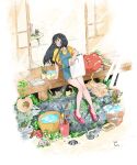  1girl absurdres black_hair blue_dress blush bucket building cat door dress full_body grass highres kawatsu_yuuki leaf long_hair original paintbrush pink_footwear plant plate potted_plant rock shirt shoes signature sitting solo table wide_shot yellow_shirt 