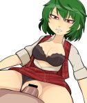  1boy 1girl akira_(cookie) bar_censor black_bra black_panties bra breasts buttons censored cleavage clothed_sex clothing_aside commentary cookie_(touhou) cowboy_shot dutch_angle green_hair hair_between_eyes hetero hospital_king kazami_yuuka large_breasts long_bangs open_mouth panties panties_aside penis plaid plaid_skirt plaid_vest pov pov_crotch pussy red_eyes red_skirt red_vest sex shirt short_hair short_sleeves simple_background skirt solo_focus textless_version touhou underwear vaginal vest white_background white_shirt 