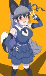  1girl absurdres alternate_costume animal_ears bare_shoulders black_hair black_necktie black_thighhighs blue_gloves blue_shirt blue_skirt blush bow cleavage_cutout clothing_cutout collared_shirt elbow_gloves embarrassed extra_ears fang fingerless_gloves fox_ears fox_girl fox_tail gloves grey_hair hair_between_eyes hair_bow highres kemono_friends kumasyan1998 long_hair looking_at_viewer microphone necktie orange_eyes pleated_skirt shirt sidelocks silver_fox_(kemono_friends) skirt solo sweatdrop tail thighhighs v zettai_ryouiki 