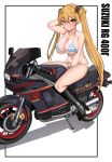  1girl absurdres bakuon!! bell bikini black_footwear black_ribbon blonde_hair boots breasts brown_eyes cleavage collarbone groin hair_bell hair_ornament hair_ribbon high_heels highres large_breasts long_hair looking_at_viewer motor_vehicle motorcycle ribbon riding sitting solo striped striped_bikini suzuki_(company) suzuki_rg400 suzunoki_rin swimsuit tf_cafe twintails 