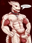  abs anthro baldur&#039;s_gate biceps collar digital_media_(artwork) dragonborn_(dnd) dungeons_and_dragons erection genitals hand_on_hip hasbro hi_res horn looking_at_viewer male muscular muscular_male muscular_thighs navel nipples nude open_mouth pecs penis piercing presenting presenting_penis red_eyes scales scalie simple_background smile solo speech_bubble spikes tail text the_dark_urge_(baldur&#039;s_gate) triceps ventkazemaru white_body white_scales wizards_of_the_coast 