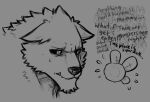  amber_eyes ambiguous_gender anthro bodily_fluids canid canine canis dark_sclera duo dynogreeno ears_down fairy fangs male mammal pained_expression pivoted_ears sweat teeth text wolf worried 