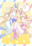  2girls :3 absurdres alternate_costume animal_ear_fluff animal_ears bare_shoulders blonde_hair blue_eyes blue_footwear blue_nails blush boots breasts cleavage dog_ears dog_girl dog_tail fake_animal_ears fang fuwawa_abyssgard highres hololive hololive_english large_breasts long_hair looking_at_viewer mococo_abyssgard multicolored_hair multiple_girls null_suke open_mouth pantyhose perroccino_(fuwamoco) pink_eyes pink_footwear pink_nails playboy_bunny rabbit_ears short_hair skin_fang small_breasts smile solo streaked_hair tail two_side_up virtual_youtuber white_pantyhose wrist_cuffs 