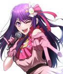  1girl ;d absurdres dress floating_hair frilled_gloves frills gloves gyaru_v hair_ornament hair_ribbon highres hj_(leeho830) holding holding_microphone hoshino_ai_(oshi_no_ko) long_hair looking_at_viewer microphone multicolored_hair one_eye_closed one_side_up open_mouth oshi_no_ko outstretched_arm pink_dress pink_gloves pink_hair pinky_out purple_eyes purple_hair rabbit_hair_ornament ribbon sidelocks simple_background sleeveless sleeveless_dress smile solo star_(symbol) star_hair_ornament star_in_eye streaked_hair symbol_in_eye teeth upper_body v white_background 
