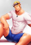  1boy bara blonde_hair blue_shorts cid_highwind closed_mouth covered_abs final_fantasy final_fantasy_vii goggles goggles_on_head highres jewelry large_pectorals looking_at_viewer male_focus muscular muscular_male necklace pectorals shirt short_hair shorts simple_background sitting solo sudo_(sudo_kurokawa) white_shirt 