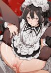  1boy 1girl apron black_dress black_hair black_thighhighs blush censored clenched_teeth copyright_request cum cum_in_pussy dress ejaculation folded hetero highres long_hair long_sleeves maid maid_headdress mosaic_censoring nonoyama parted_lips pussy red_eyes solo_focus spread_legs teeth thighhighs white_apron 