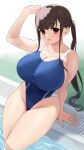  blue_one-piece_swimsuit breasts brown_eyes brown_hair collarbone competition_swimsuit highleg highres huge_breasts looking_at_viewer omizu_(h2o) one-piece_swimsuit open_mouth original poolside sitting swimsuit thighs twintails 