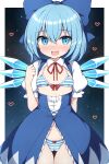  1girl adapted_costume blue_bow blue_eyes blue_hair blue_skirt bow bra cirno collared_shirt fairy hair_between_eyes hair_bow heart highres ice ice_wings open_mouth panties puffy_short_sleeves puffy_sleeves revealing_clothes rizento shirt short_hair short_sleeves skirt smile solo striped striped_bra striped_panties touhou underwear white_shirt wings 