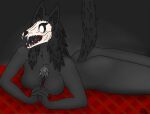  anthro bed bed_covers bedding bedroom black_body black_fur black_hair bone butt canid canine female fur furniture hair lying malo mammal megabrainless monster on_bed scp-1471 scp-1471-a scp_foundation simple_background skull skull_head solo 