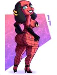  animal_crossing anthro areola armwear big_breasts big_butt black_areola black_body black_fur black_high_heels black_lipstick black_nipples blue_eyes breasts butt canid canine canis cherry_(animal_crossing) clothing domestic_dog ear_piercing eyelashes female fishnet fishnet_armwear fishnet_bottomwear fur hi_res huge_butt lipstick looking_at_viewer looking_back looking_back_at_viewer makeup mammal mostly_nude nintendo nipple_piercing nipples piercing pink_background pink_body pink_fur purple_background raccoon_sama rear_view simple_background smile solo thick_thighs white_background wide_hips 