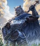  2023 anthro armor biped blaidd_(elden_ring) blue_cloak breastplate canid canine canis clothing cloud cuisse detailed_background digital_media_(artwork) elden_ring etrosamu facial_scar fromsoftware fur gauntlets gloves grey_body grey_fur hand_on_hip handwear hi_res holding_object holding_sword holding_weapon looking_at_viewer male mammal melee_weapon outside purple_eyes scar solo sword tassets weapon wolf 