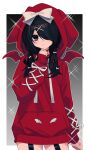  1girl absurdres ame-chan_(needy_girl_overdose) animal_hood beishangdexiaohaibao black_eyes black_hair border bow choker closed_mouth cowboy_shot demon_wings fake_wings hair_bow hair_down hair_ornament hair_over_one_eye hand_on_own_chin highres hood hood_up long_hair long_sleeves looking_at_viewer needy_girl_overdose official_alternate_costume rabbit_hood ribbon solo sparkle standing white_border white_bow white_ribbon wings x_hair_ornament 
