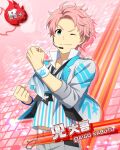  1boy ;) ahoge belt blue_eyes card_(medium) character_name clenched_hands headset high_collar idol idolmaster idolmaster_side-m kabuto_daigo male_focus midriff_peek official_alternate_costume official_art one_eye_closed smile solo white_belt wristband 