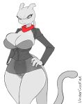 anthro big_breasts bottomwear breasts clothed clothing female generation_1_pokemon genitals hands_on_hips legendary_pokemon mew_tuely_(fan_character) mewtwo milftwo nintendo no_underwear pokemon pokemon_(species) pussy scarf skirt solo translucent translucent_clothing undercooked_(artist) 