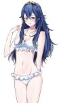  1girl alternate_costume ameno_(a_meno0) bikini blue_eyes blue_hair blush breasts cleavage collarbone commentary_request fire_emblem fire_emblem_awakening hair_between_eyes jewelry lips long_hair lucina_(fire_emblem) navel pink_lips simple_background small_breasts smile solo stomach swimsuit tiara white_background white_bikini 