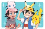  2boys ash_ketchum black_hair blue_vest blush border brown_eyes clenched_hands commentary_request goh_(pokemon) green_background grey_shirt grin hand_on_headwear highres male_focus mew_(pokemon) multiple_boys open_clothes open_vest outside_border pikachu pink_headwear pokemon pokemon_(anime) pokemon_(creature) pokemon_journeys pokesumomo shirt short_hair short_sleeves smile t-shirt teeth vest visor_cap white_border white_shirt 