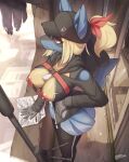  absurd_res anthro black_body blonde_hair breasts clothed clothing detailed_background female generation_4_pokemon hair hat headgear headwear hi_res high-angle_view lucario nintendo nipples pokemon pokemon_(species) red_eyes shadow solo weapon zinfyu 