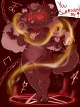  3:4 anthro brown_body brown_fur canid canine canis chain claws demon domestic_dog english_text female fur horn mammal pawpads pentagram pink_nose red_background red_eyes simple_background solo text toe_claws white_body white_fur 
