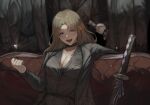  1girl 3others black_choker black_coat black_shirt blue_eyes breasts brown_hair chest_tattoo choker cindymeimezu cleavage coat coin commentary couch hand_in_pocket head_out_of_frame highres holding holding_sword holding_weapon katana large_breasts limbus_company long_hair mole mole_under_eye multiple_others on_couch open_mouth project_moon rodion_(limbus_company) scabbard sheath sheathed shirt sitting solo_focus sparkle standing sword tattoo teeth tongue weapon 