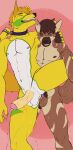  anime_style anthro belt big_penis canid canine canis collar digital_media_(artwork) domestic_dog fur genitals hi_res hyena invalid_tag kaichitsumon male male/male mammal penis sex shoot_cum yellow_body yellow_fur 