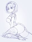  1girl akina_tsukako ass backless_dress backless_outfit black_hairband breasts commentary curvy djeeta_(granblue_fantasy) double-parted_bangs dress expressionless eyelashes eyes_visible_through_hair feet from_side granblue_fantasy hair_between_eyes hairband highres large_breasts light_blush looking_at_viewer monochrome parted_lips short_hair sideboob simple_background sitting sketch soles solo straight_hair thighhighs thighs toes white_background 