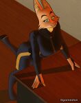  2023 4_fingers absurd_res anthro bodysuit bottomwear building canid canine clothing diane_foxington dreamworks female fingers footwear fox furniture gamesfan green_eyes hi_res inner_ear_fluff inside looking_at_viewer mammal raised_leg skinsuit smile solo table the_bad_guys tight_clothing topwear tuft 