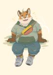  2023 absurd_res anthro belly big_belly black_nose bottomwear canid canine clothing fatkylefat fox hi_res hoodie iyo_(tamacolle) kemono male mammal overweight overweight_male pants simple_background sitting solo tamacolle topwear 