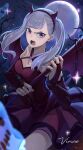  1girl artist_name demon_costume demon_wings dress full_moon grey_hair halloween_costume highres horn_hair_ornament looking_at_viewer low_twintails moon noelle_silva open_mouth prayudi555 purple_hair short_dress solo twintails wings 