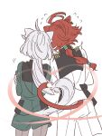  2girls ahoge animal_ears asticassia_school_uniform cat_ears cat_girl cat_tail commentary_request cowboy_shot crossed_arms facing_away flying_sweatdrops from_behind gold_trim green_jacket green_shorts grey_hair gundam gundam_suisei_no_majo hair_tubes heart heart_tail heart_tail_duo highres jacket kemonomimi_mode long_hair low_ponytail miorine_rembran motion_lines multi-tied_hair multiple_girls pantyhose red_hair school_uniform short_hair_with_long_locks shorts suletta_mercury sweat tail white_background white_jacket white_shorts yoshi_taka_(y_04taka) yuri 