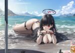  1girl bare_shoulders bikini black_bikini black_hair blue_archive blue_sky blush breasts cleavage closed_mouth commentary crab full_body halo highres jewelry large_breasts leviathan_(hikinito0902) long_hair looking_at_viewer outdoors red_eyes ring rio_(blue_archive) side-tie_bikini_bottom sky solo swimsuit thigh_strap thighs water wet wrist_straps 