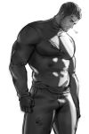  1boy areyoucracked bara chris_redfield covered_nipples facial_hair gloves greyscale large_pectorals male_focus monochrome muscular muscular_male pants pectorals resident_evil resident_evil_village shirt short_hair simple_background solo torn torn_clothes torn_shirt white_background 