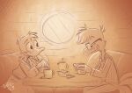  2023 anatid anseriform anthro avian bangs bedhead beverage bird brown_background cheek_tuft chest_tuft chicken clothing coffee coffee_mug dated disney donald_duck duck ducktales ducktales_(2017) duo eyewear facial_tuft galliform gallus_(genus) glasses gyro_gearloose hand_under_chin head_tuft holding_object male neck_tuft orange_background pajamas phasianid restricted_palette robe shellyochunks signature simple_background sitting_at_table stirring tuft yellow_background 