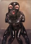  1boy 1girl absurdres bodysuit breasts brown_eyes eyelashes gimp_mask highres kilye_kairi latex latex_bodysuit looking_at_viewer mask medium_breasts open_mouth original shiny_clothes skin_tight 