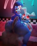  animatronic anthro balls big_balls big_butt big_penis bitlobbs blender_(software) blue_body bodily_fluids bow_tie breasts butt butt_grab clothing costume digital_media_(artwork) duo eyeshadow female five_nights_at_freddy&#039;s five_nights_at_freddy&#039;s:_security_breach five_nights_at_freddy&#039;s_2 genital_fluids genitals girly green_eyes hand_on_butt hi_res human imminent_sex intersex intersex/male lagomorph leporid looking_at_another looking_back machine makeup male mammal musk musk_clouds narrowed_eyes open_mouth penis precum rabbit red_eyes riding robot scottgames seam_(sewing) smile steel_wool_studios teeth thick_thighs toy_bonnie_(fnaf) vanny_(fnaf) white_body 