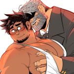  2boys age_difference bara beard dark-skinned_male dark_skin edwin_(kokukokuboo) faceless faceless_male facial_hair formal from_side glasses goatee grabbing grey_hair grey_suit groping kokukokuboo large_hands large_pectorals long_sideburns looking_away male_focus manboobs mature_male multiple_boys muscular muscular_male mustache necktie old old_man original pectoral_grab pectorals short_hair shy sideburns smirk spiked_hair suit sweatdrop tank_top thick_eyebrows upper_body white_tank_top 