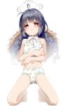  1girl absurdres ahoge bare_legs barefoot bikini black_hair blue_archive blush braid cameltoe closed_mouth flat_chest grey_halo halo hat hat_around_neck hat_behind_back hat_on_back highres kneeling leaf_print long_hair looking_at_viewer miyu_(blue_archive) miyu_(swimsuit)_(blue_archive) navel official_alternate_costume print_bikini red_eyes shiratama_mochi solo straw_hat sweat swimsuit twin_braids white_bikini 