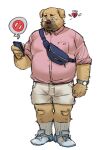  2023 amamiya anthro bottomwear brown_body canid canine canis cellphone clothing domestic_dog eyewear glasses kemono male mammal overweight overweight_male phone sad shirt shorts smartphone solo topwear 