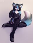  2023 anthro artist_name ashley_(ashleyboi) biped black_boots black_clothing black_footwear black_hair black_nose black_topwear blue_body blue_fur boots bottomwear canid canine clothing countershade_face countershade_fur countershade_torso countershading digital_media_(artwork) eyebrows footwear fur girly gradient_background hair hi_res legwear looking_at_viewer male mammal pink_eyes rainbow_piercings shaded shoelaces simple_background skirt solo tail thigh_boots thigh_highs topwear vtza white_body white_fur 