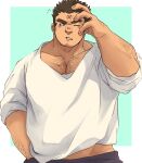 1boy arm_hair bara blush chest_hair chest_hair_peek clothes_lift cross_scar dark-skinned_male dark_skin facial_hair goatee_stubble hand_in_own_hair hand_in_pocket hand_on_own_head highres houzouin_oniwaka large_pectorals long_sideburns male_focus mature_male midriff_peek muscular muscular_male notice_lines one_eye_closed pectoral_cleavage pectorals sanpaku scar scar_on_face scar_on_forehead shirotoki_(qdng0atngbaqmce) shirt_lift short_hair sideburns sleepy solo stubble thick_eyebrows tokyo_afterschool_summoners v-shaped_eyebrows 