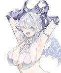  1girl armpits arms_up breasts cleavage demon_girl demon_horns demon_wings duel_monster grey_eyes highres horns large_breasts lovely_labrynth_of_the_silver_castle low_wings pointy_ears smile solo synchroman twintails white_hair wings yu-gi-oh! 