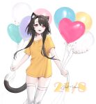 1girl :d absurdres animal_ear_fluff animal_ears artist_name balloon cat_ears cat_tail commentary dated feet_out_of_frame highres holding holding_balloon long_hair looking_at_viewer open_mouth original red_eyes shirt short_sleeves signature simple_background smile solo standing svet_yomi tail thighhighs thighs very_long_hair white_background white_thighhighs yellow_shirt 