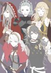  5girls ahoge aiiluro blue_eyes braid capelet fire_emblem fire_emblem_fates hairband harness highres hood hood_down hood_up hooded_capelet low_twin_braids multiple_girls nina_(fire_emblem) o-ring o-ring_harness ophelia_(fire_emblem) parted_bangs red_hood soleil_(fire_emblem) sophie_(fire_emblem) twin_braids velouria_(fire_emblem) 