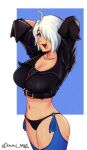  1girl ahoge angel_(kof) backless_pants blue_eyes bra breasts chaps cleavage crop_top cropped_jacket gavriil_mb1 hair_over_one_eye jacket large_breasts leather leather_jacket looking_at_viewer midriff navel open_mouth panties pants short_hair smile snk solo strapless strapless_bra the_king_of_fighters the_king_of_fighters_xiv toned underwear white_hair 