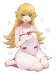  1girl :d blonde_hair blush_stickers collarbone dress full_body highres long_hair looking_at_viewer monogatari_(series) open_mouth oshino_shinobu simple_background sitting smile solo wariza white_background white_dress yellow_eyes yonaga_san 