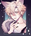  1boy animal_ears argyle argyle_background asymmetrical_shirt bishounen black_background black_nails blonde_hair character_name collarbone commentary disembodied_limb ear_piercing english_commentary english_text eyelashes eyeshadow finger_to_own_chin fur-trimmed_jacket fur_trim grey_eyes grey_jacket haneul_(hen-tie) hen-tie highres jacket jacket_partially_removed light_blush looking_at_viewer makeup male_focus messy_hair nail_polish open_mouth original piercing pink_eyeshadow shirt short_hair single_bare_shoulder sleeveless sleeveless_shirt smile solo sparkle spiked_ear_piercing stitched_neck stitches strap striped striped_shirt teeth upper_body white_shirt 