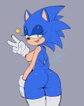  anthro big_butt blush breasts butt clothed clothing crossgender eulipotyphlan eyelashes female gesture gloves handwear hedgehog hi_res jollysart legwear mammal mostly_nude mtf_crossgender nipples sega smile solo sonic_the_hedgehog sonic_the_hedgehog_(series) thigh_highs topless topless_female v_sign 